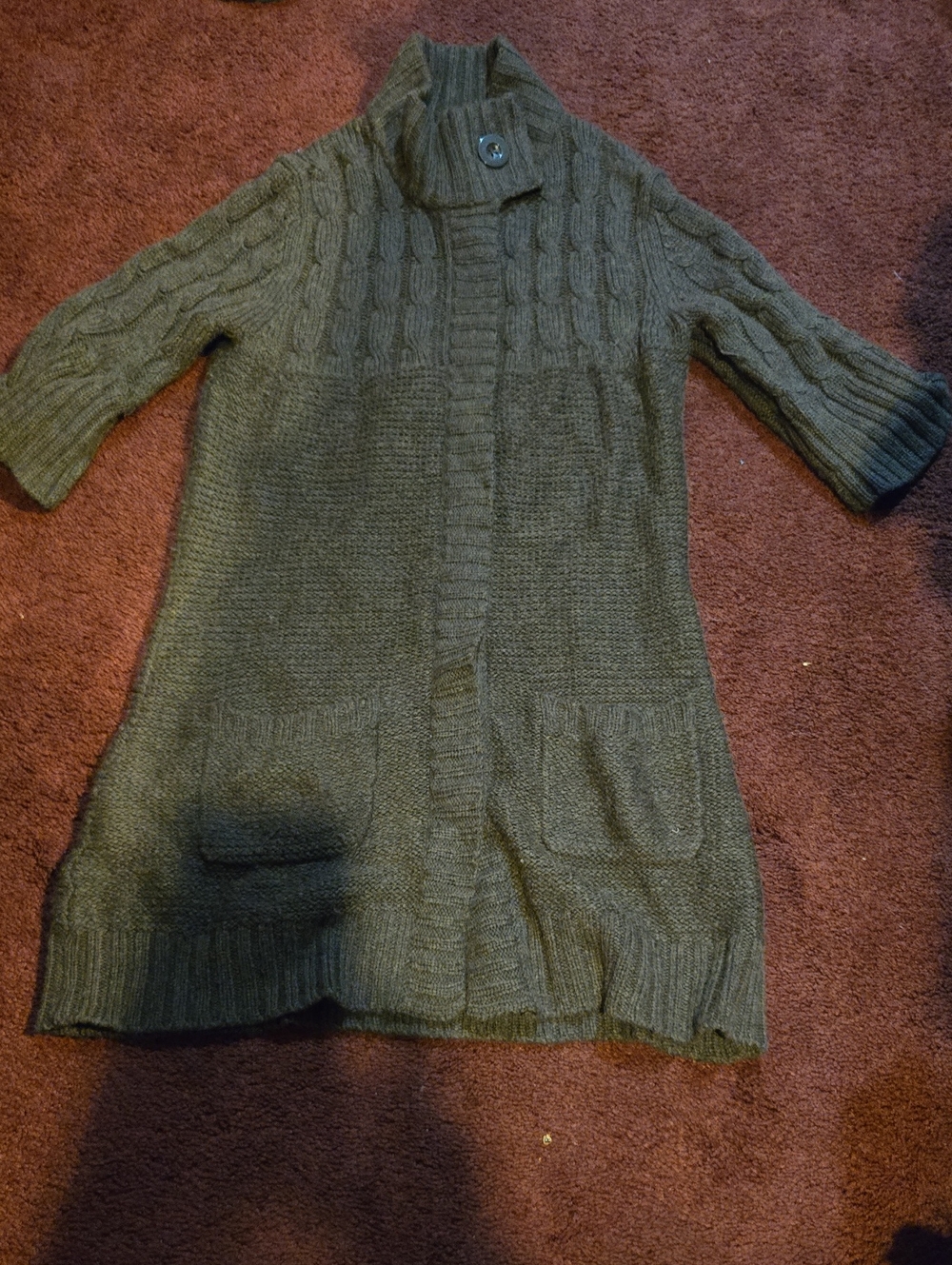 Long Brown Cable Knit Women's Cardigan with Buttoned Collar